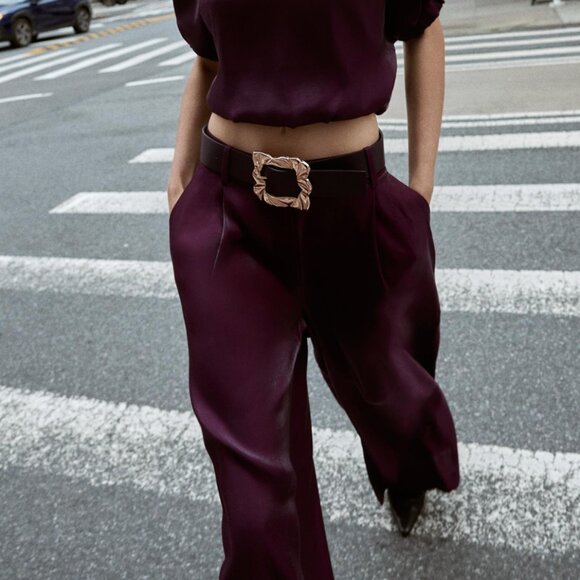 ZARA EGGPLANT SATIN WIDE LEG BELTED PANTS - Picture 1 of 4